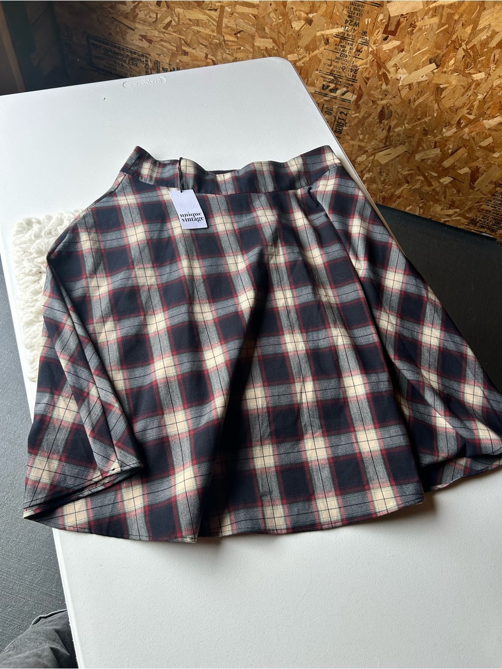 Unique Vintage Black Cream & Red Plaid Circle Skirt new